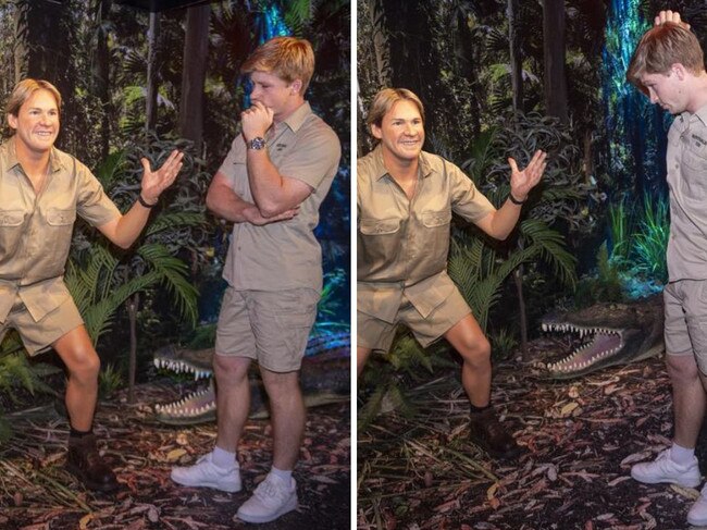 Robert Irwin held back tears looking at a wax figure of his father Steve Irwin. Picture: NewsWire.