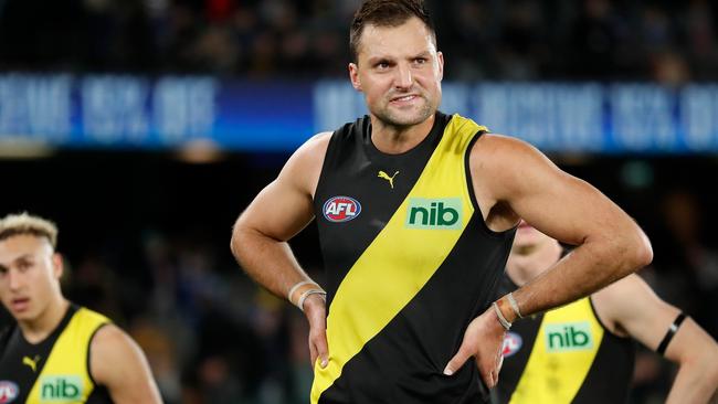 Toby Nankervis is in the clear for his ground-level tangle with North Melbourne’s Flynn Perez.