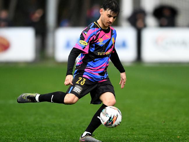 Kristian Trajceski of Avondale FC kicks during the round 25 NPL VIC Mens match between Avondale FC and South Melbourne FC at Avenger Park in Parkville, Victoria on August 12, 2023. (Photo by Josh Chadwick)