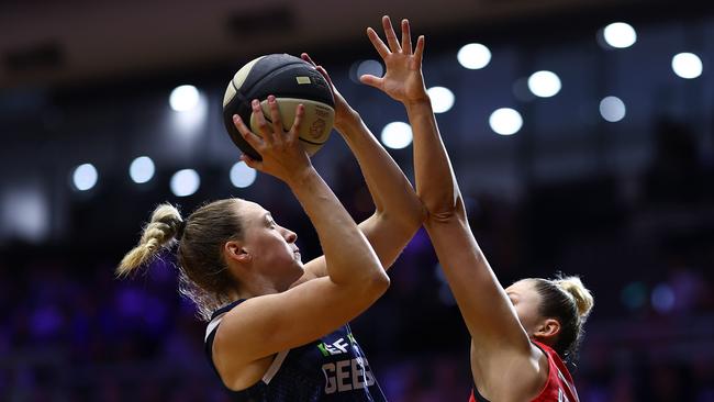 Geelong United’s Alex Sharp shoots against Amy Atwell of Perth Lynx during their round 11 WNBL battle. Picture: Mike Owen/Getty Images