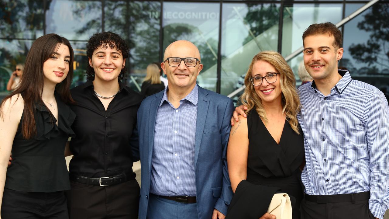 Alannah Dahdah, second from left with partner Audrey Morton-Galea and parents John and Sonia and brother Jacob at the Belmont High School year 12 graduation at GMHBA Stadium. Picture: Alison Wynd