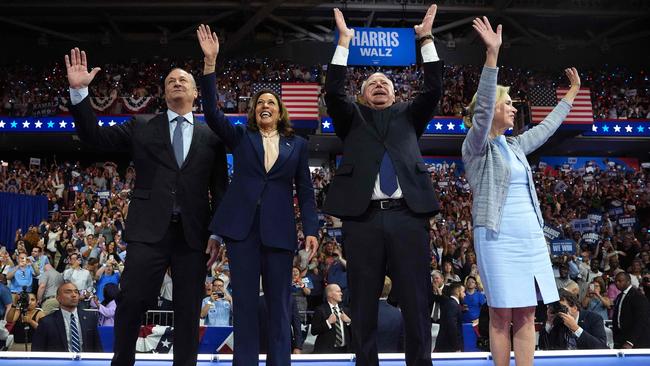 Second gentleman Doug Emhoff,, U.S. Vice President Kamala Harris, Democratic vice presidential candidate Minnesota Gov. Tim Walz and his wife Gwen Walz greet supporters during a campaign rally at Girard College in Philadelphia. Picture: Andrew Harnik/Getty Images via AFP