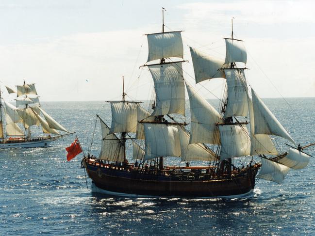 The Endeavour a replica of Captain James Cook's 18th century ship (front) sailing in South Australian waters with the sail training vessel ‘One and All’, in October 1994. Picture: staff photographer