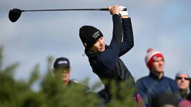 US' Nelly Korda watches her drive from the 9th tee on day two of the 2024 Women's British Open Golf Championship, on the Old Course at St Andrews, in St Andrews, Scotland, on August 23, 2024. (Photo by ANDY BUCHANAN / AFP) / RESTRICTED TO EDITORIAL USE