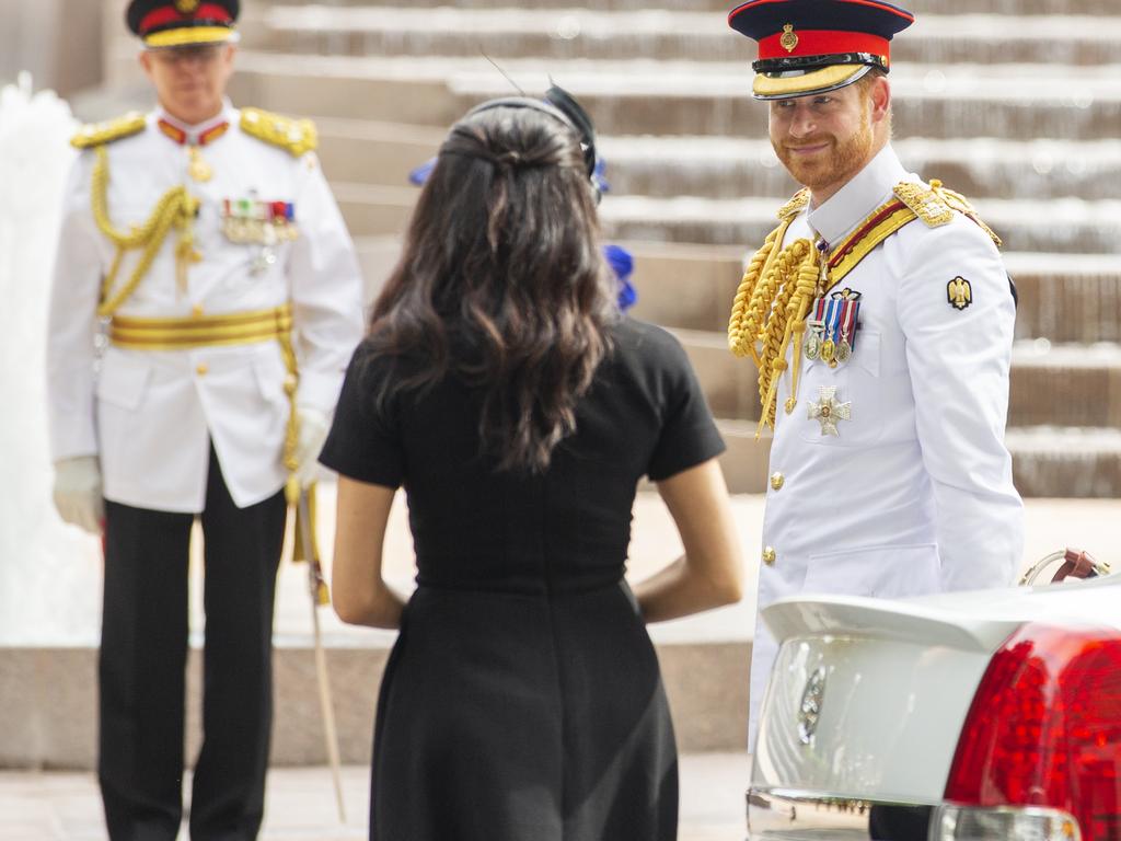 Prince Harry and Megan, the duchess of Sussex arrive for the Official Opening of ANZAC Memorial, Hyde Park in Sydney today.