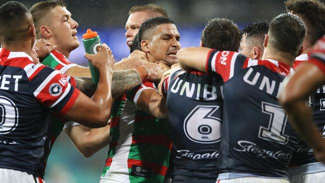 Walker and Keary in a heated Rabbitohs v Roosters clash in 2019.