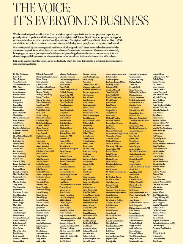 A print advertisement with the names of hundreds of company directors pledging their support for the voice to parliament appeared in national newspapers last week