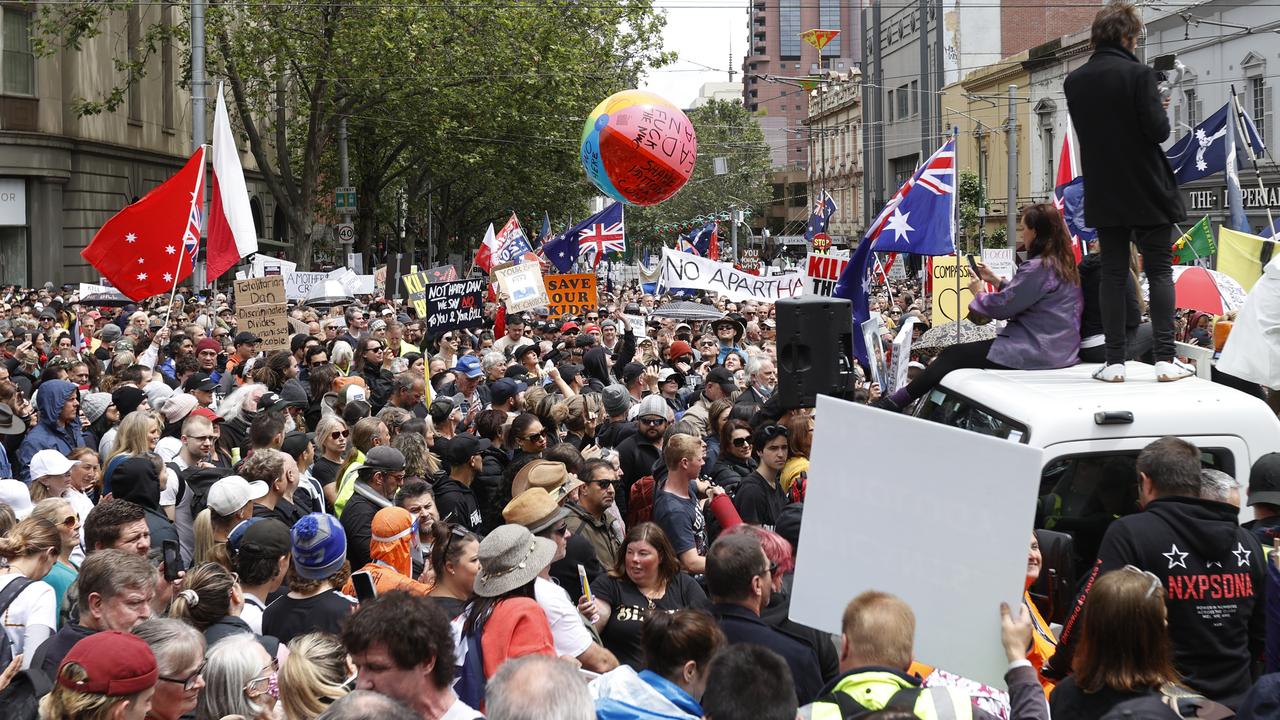 A Melbourne protest against a pandemic bill, vaccine passports and mandates. Picture: Alex Coppel.