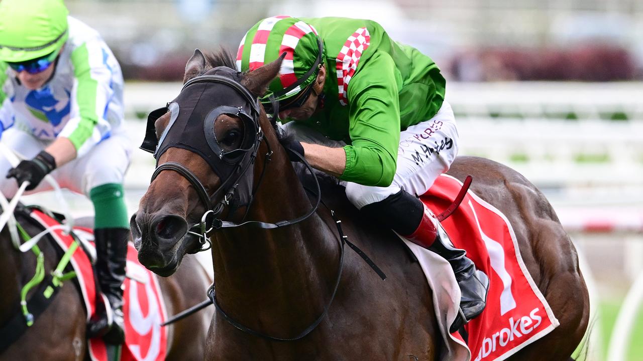Irish jockey Martin Harley steers Cool Archie to victory in the Dalrello Stakes at Eagle Farn. Picture: Grant Peters/Trackside Photography