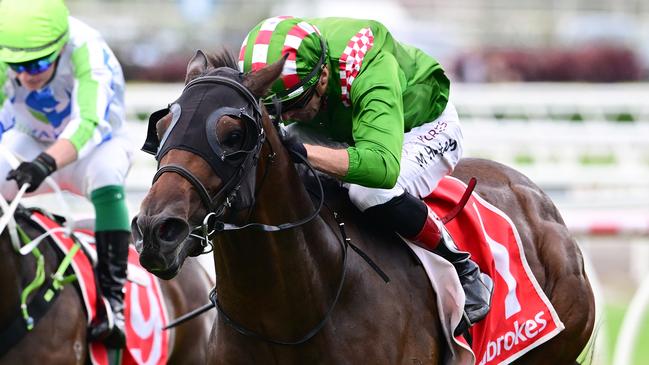 Irish jockey Martin Harley steers Cool Archie to victory in the Dalrello Stakes at Eagle Farn. Picture: Grant Peters/Trackside Photography
