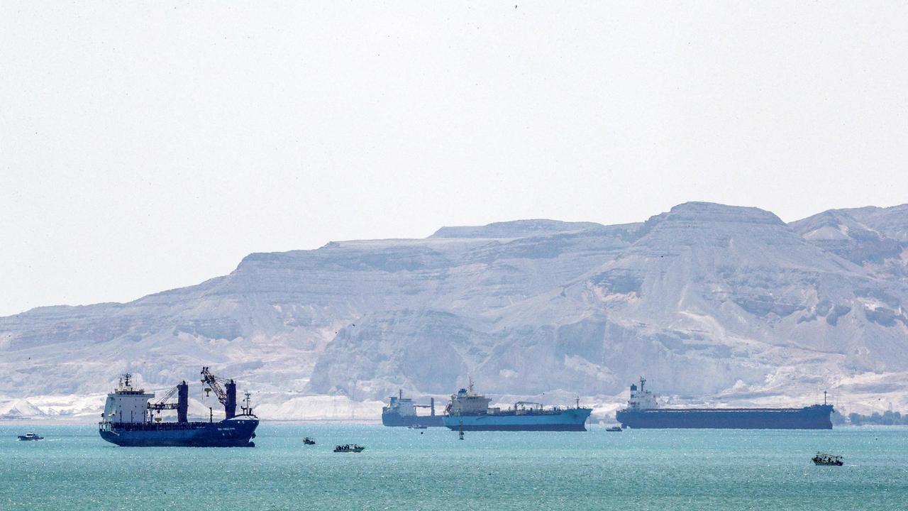 Tanker and freight ships pictured on March 28 near the entrance of the Suez Canal. Picture: Ahmed Hasan/AFP