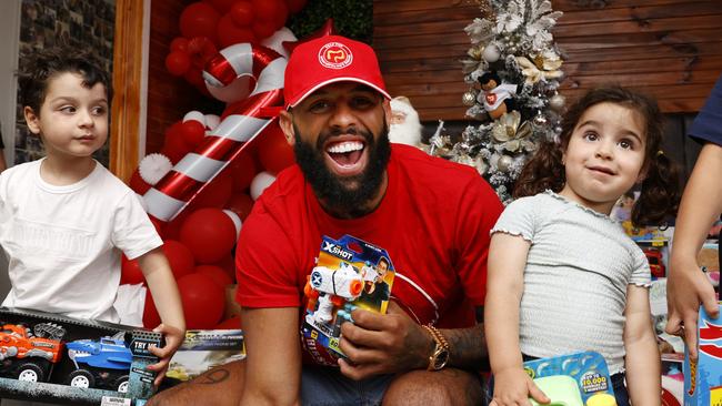 Bulldogs recruit Josh Addo-Carr was all smiles in his role as an ambassador for Help for Hirschsprungs Disease Christmas toy drive. Picture: Jonathan Ng