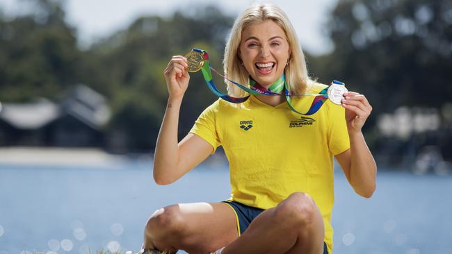 Alexa Leary at home in Noosaville after returning from the World Para Swimming Championships in Manchester with her gold and silver medal. Picture: Lachie Millard