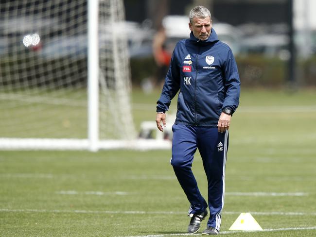 MELBOURNE, AUSTRALIA - NOVEMBER 26: Head Coach of Victory Marco Kurz looks on during a Melbourne Victory A-League training session at Gosch's Paddock on November 26, 2019 in Melbourne, Australia. (Photo by Darrian Traynor/Getty Images)