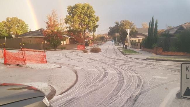 Hail covered roads in Oakleigh yesterday afternoon. Picture: ABC Melbourne