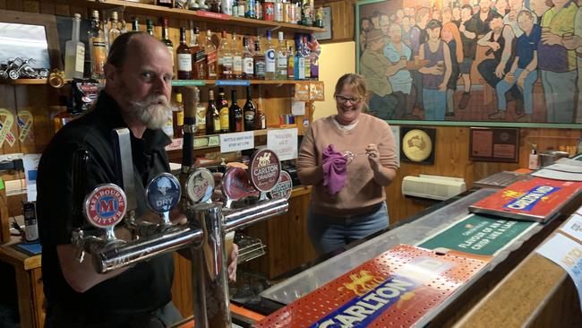 Flowerdale Hotel owner Steve Phelan and bar attendant Mel. Picture: Kirra Grimes