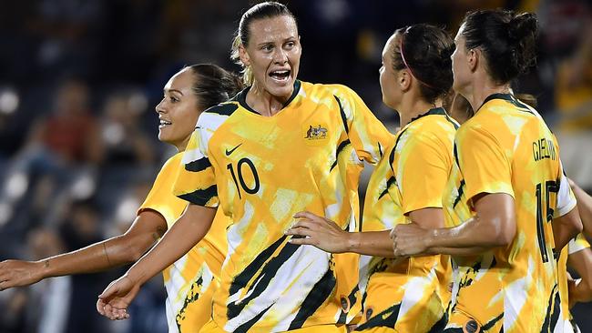 Australia's Emily van Egmond celebrates her first goal against Thailand Picture: AFP