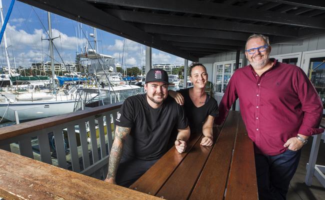 The trio say the new eatery is located on the “best site” at Mooloolaba Wharf. Picture: Lachie Millard