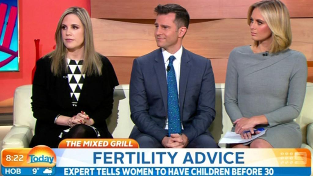 Sarrah Le Marquand appears on Today (The Mixed Grill) to discuss an expert's advice to have children before 30, and the periscope live streaming app. Courtesy: Channel Nine