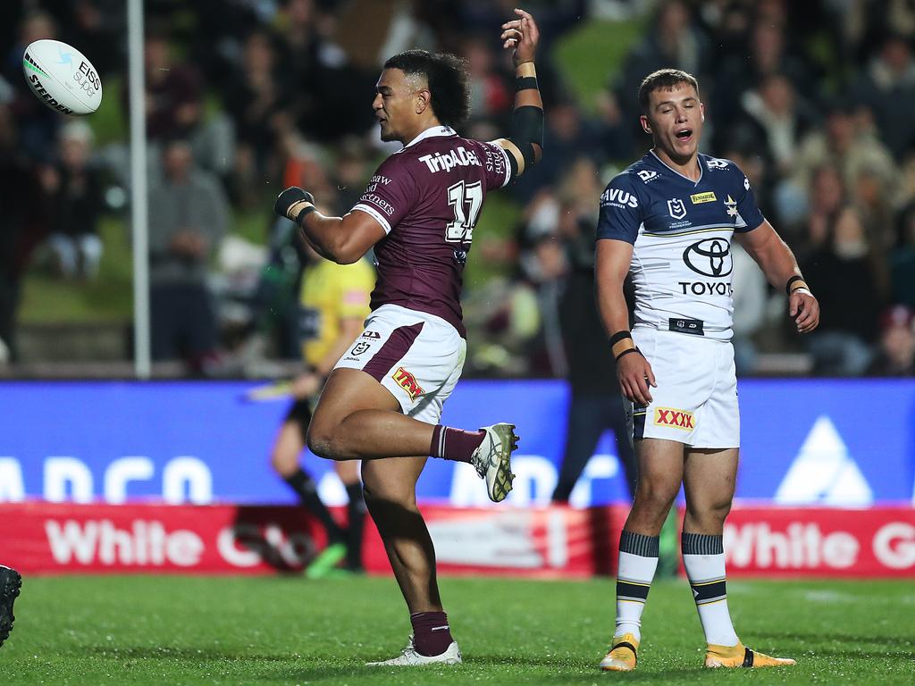 Haumole Olakau'atu scored two tries in the first half. Picture: Mark Metcalfe/Getty Images