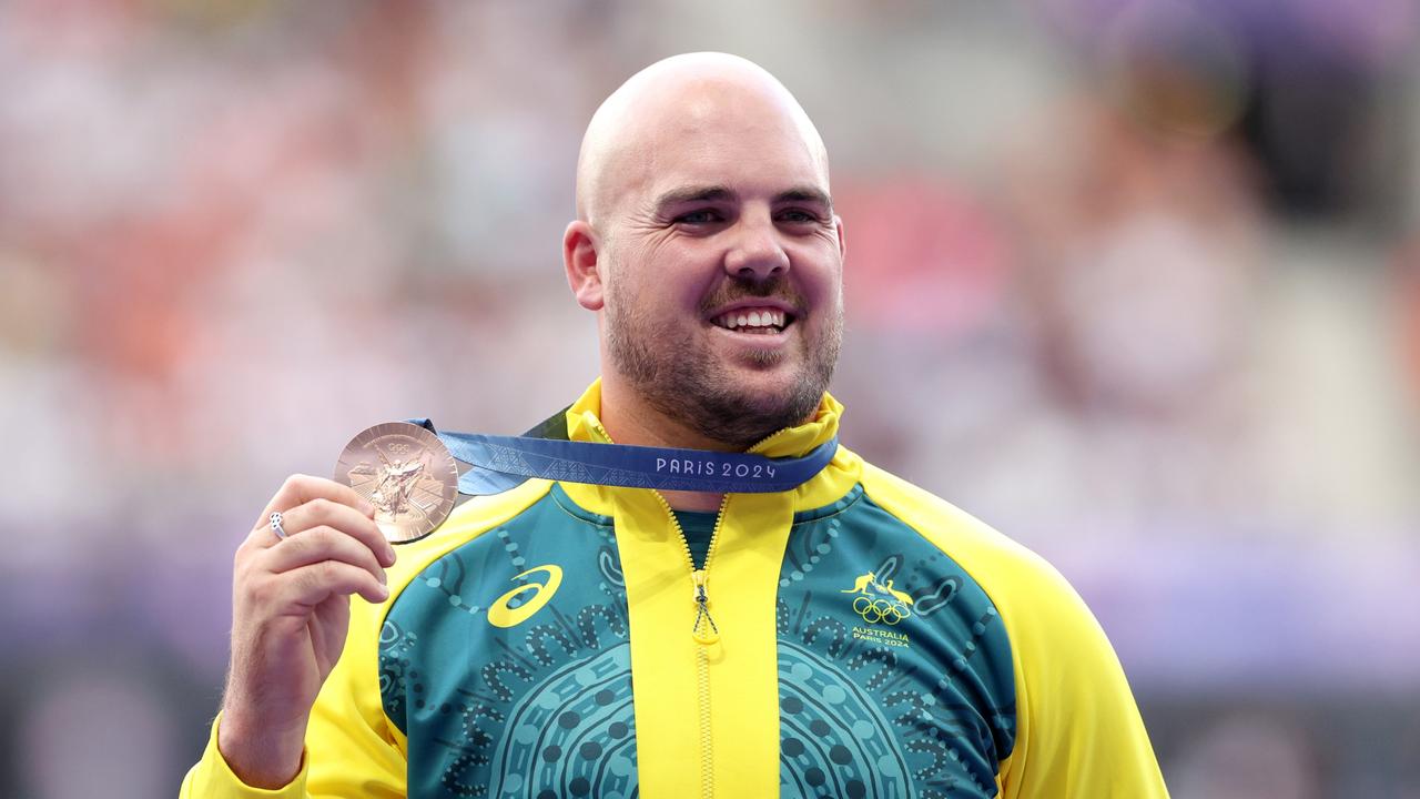 Matthew Denny celebrates after claiming bronze in the men’s discus final. Picture: Getty Images