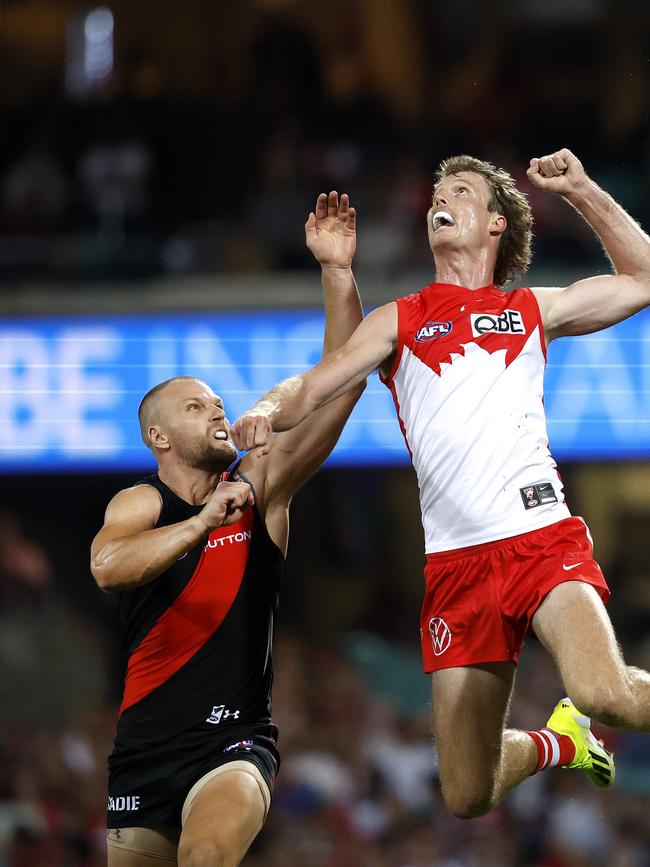 Sydney's Nick Blakey spoils as the ball comes into Essendon’s forward line on Saturday night. Picture: Phil Hillyard.