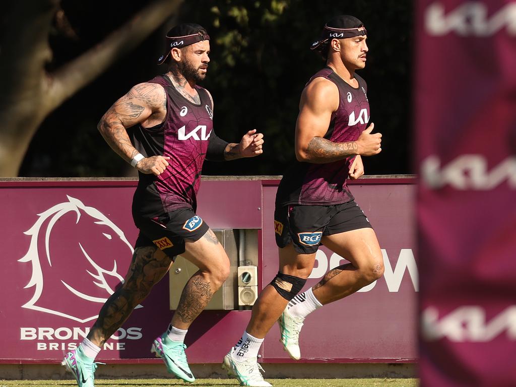 Adam Reynolds trains with Kotoni Staggs at Red Hill. Picture: Liam Kidston