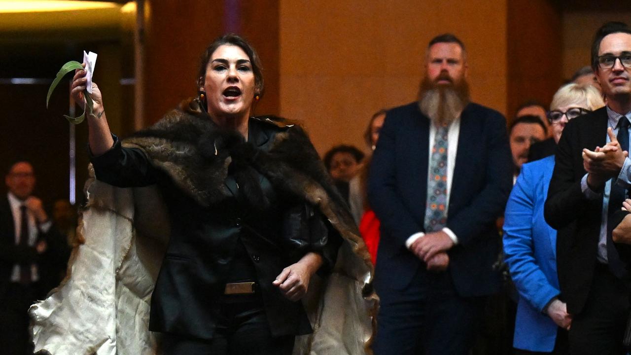 Senator Lidia Thorpe disrupts proceedings as Britain's King Charles III and Queen Camilla attend a Parliamentary reception at Parliament House in Canberra. Picture: NewsWire / Lukas Coch.