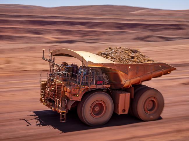 A mining haul truck at BHP's Jimblebar iron ore mine in the Pilbara region, Western Australia.