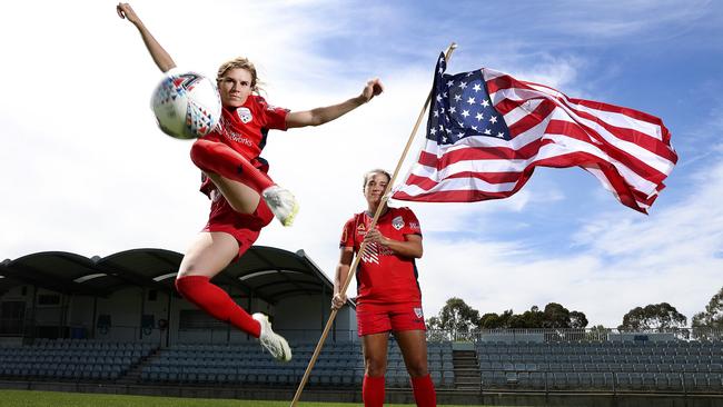 Adelaide United’s US recruits Veronica Latsko and Amber Brooks get set for the Reds’ W-League season-opener. Picture: Sarah Reed