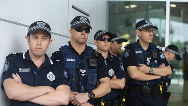 Police on standby at the Council Chambers. Picture: Glenn Hampson