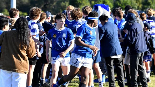 St Edmunds players run onto the field AIC rugby game between St Edmunds college and St Laurence. Saturday June 11, 2022. Picture, John Gass