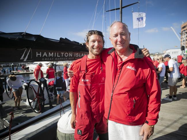 Daniel Oatley, The late Bob Oatley's grandson, in Hobart after steering Wild Oats across the line, pictured with his uncle owner Sandy Oatley. Wild Oats XI skippered by Mark Richards claims a 9th line honours victory in the 2018 Sydney to Hobart Yacht Race. The yacht crossed the line in 1d 19hrs 7mins 21secs . Picture: RICHARD JUPE