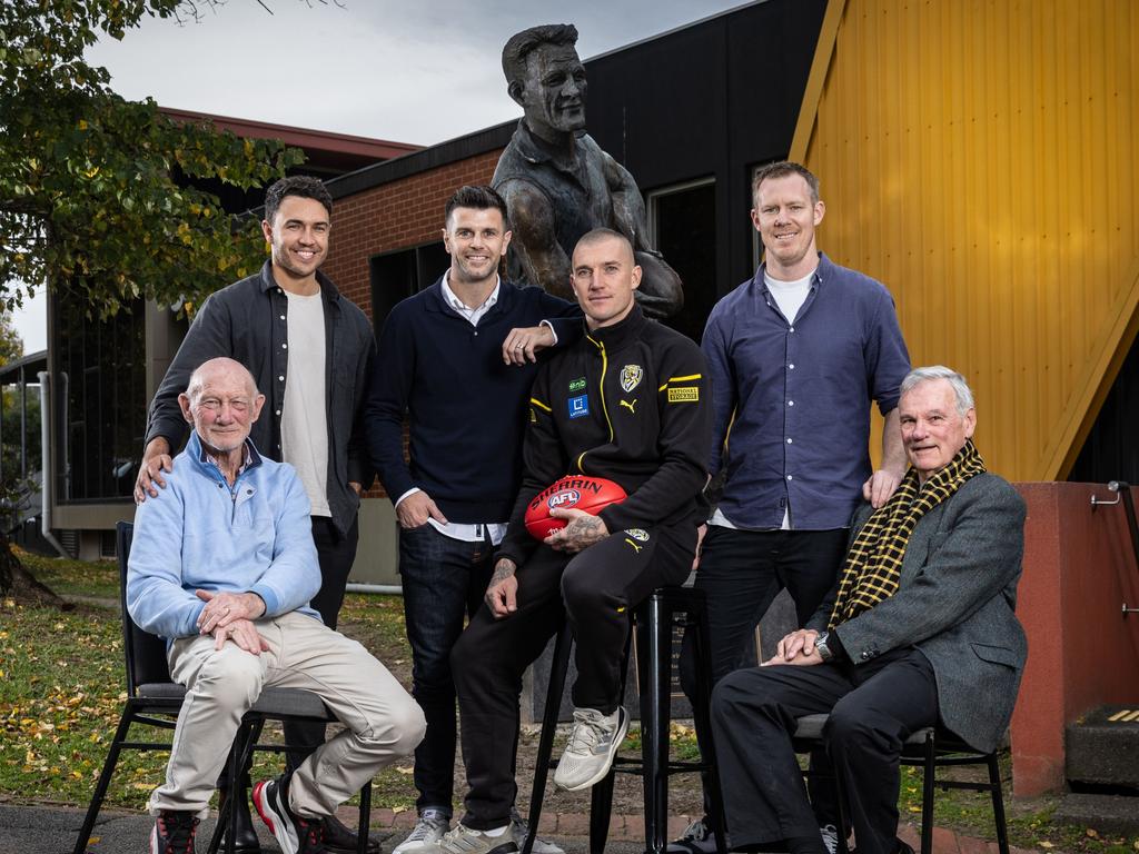 Martin with fellow Richmond 300 game players, Kevin Bartlett, Shane Edwards, Trent Cotchin, Jack Riewoldt and Francis Bourke. Picture: Michael Willson