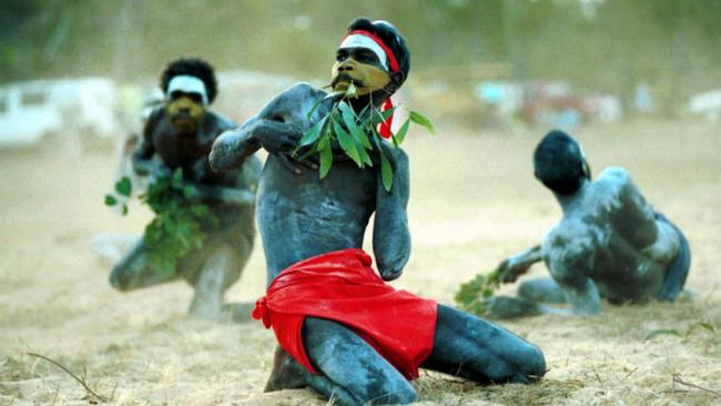 Yolngu men dancing during Garma festival in Arnhem Land, Northern Territory.