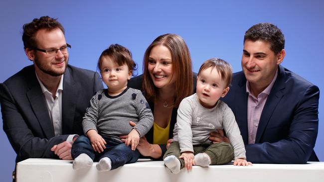 Life Whisperer co founders MICHELLE PERUGINI and DON PERUGINI with researcher JONATHAN HALL, twins Leonard and Sebastian, 11 months. Picture: MATT TURNER