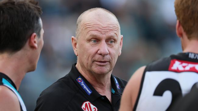 ADELAIDE, AUSTRALIA - MARCH 22: Ken Hinkley, Senior Coach of the Power during the 2025 AFL Round 02 match between the Port Adelaide Power and the Richmond Tigers at Adelaide Oval on March 22, 2025 in Adelaide, Australia. (Photo by James Elsby/AFL Photos via Getty Images)