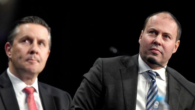 Minister for the Environment and Energy Josh Frydenberg (right) at a Carbon and Energy session last year. Picture: AAP