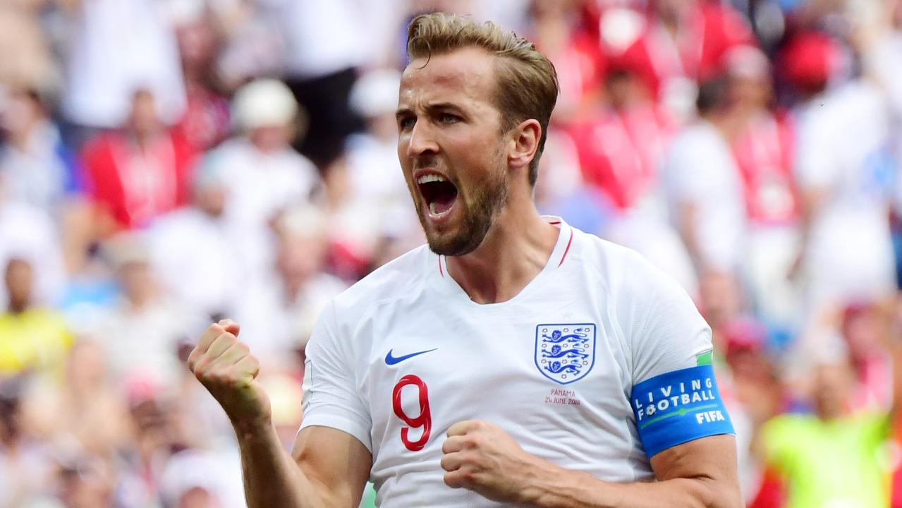 England's forward Harry Kane celebrates after scoring his team's fifth goal against Panama.