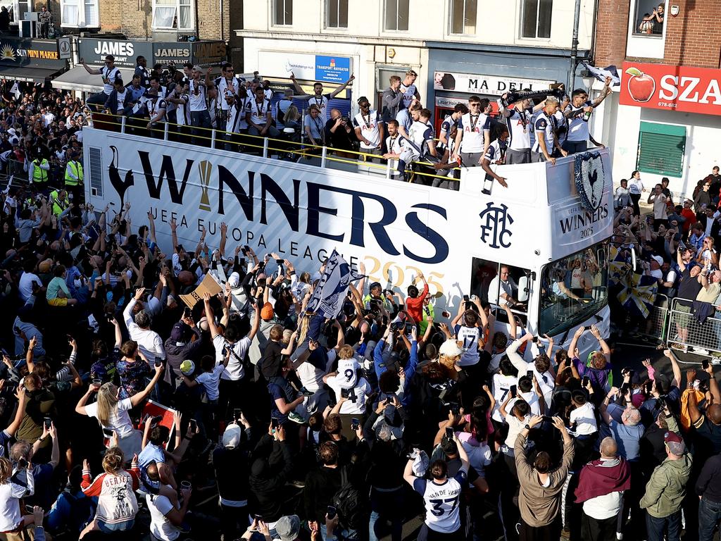 Fans crowd the Tottenham Hotspur victory bus during the UEFA Europa League trophy parade. Picture: Peter Nicholls / Getty Images
