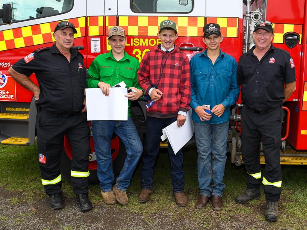 Lismore Fire and Rescue from left, Captain, Tony Elliott, Jack Pope, Thomas Smith, Jake Fowler (all from St John's College Woodlawn) and Wayne Devlin, Lismore Fire and Rescue at the Lismore Show. Picture: Cath Piltz