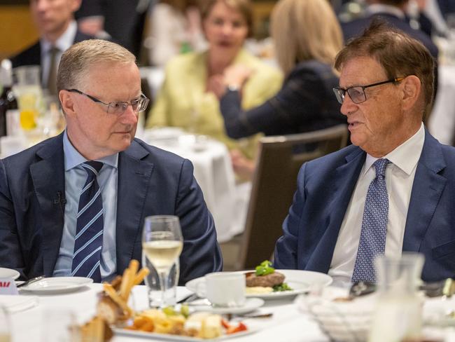 RBA Governor Philip Lowe with Bill Evans, Westpac chief economist at the National Press Club in Sydney. Picture: NCA NewsWire / Gary Ramage