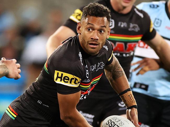 SYDNEY, AUSTRALIA - JUNE 11:  Apisai Koroisau of the Panthers passes during the round 14 NRL match between the Cronulla Sharks and the Penrith Panthers at Netstrata Jubilee Stadium, on June 11, 2021, in Sydney, Australia. (Photo by Mark Kolbe/Getty Images)