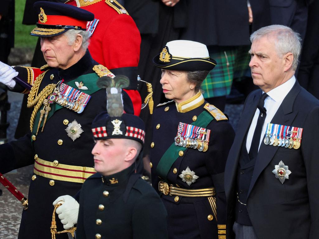 King Charles III (L), Princess Anne, Princess Royal (C), and Prince Andrew, Duke of York walk behind the procession of Queen Elizabeth II's coffin, from the Palace of Holyroodhouse to St Giles Cathedral. Picture: AFP