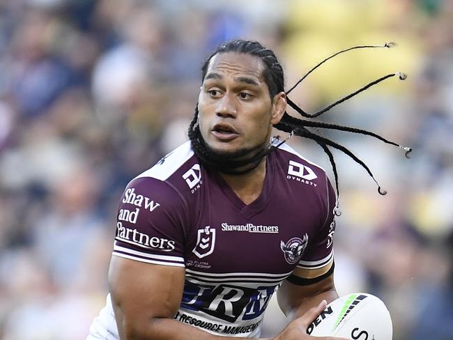 TOWNSVILLE, AUSTRALIA - SEPTEMBER 04:  Martin Taupau of the Sea Eagles runs the ball during the round 25 NRL match between the North Queensland Cowboys and the Manly Sea Eagles at QCB Stadium, on September 04, 2021, in Townsville, Australia. (Photo by Ian Hitchcock/Getty Images)