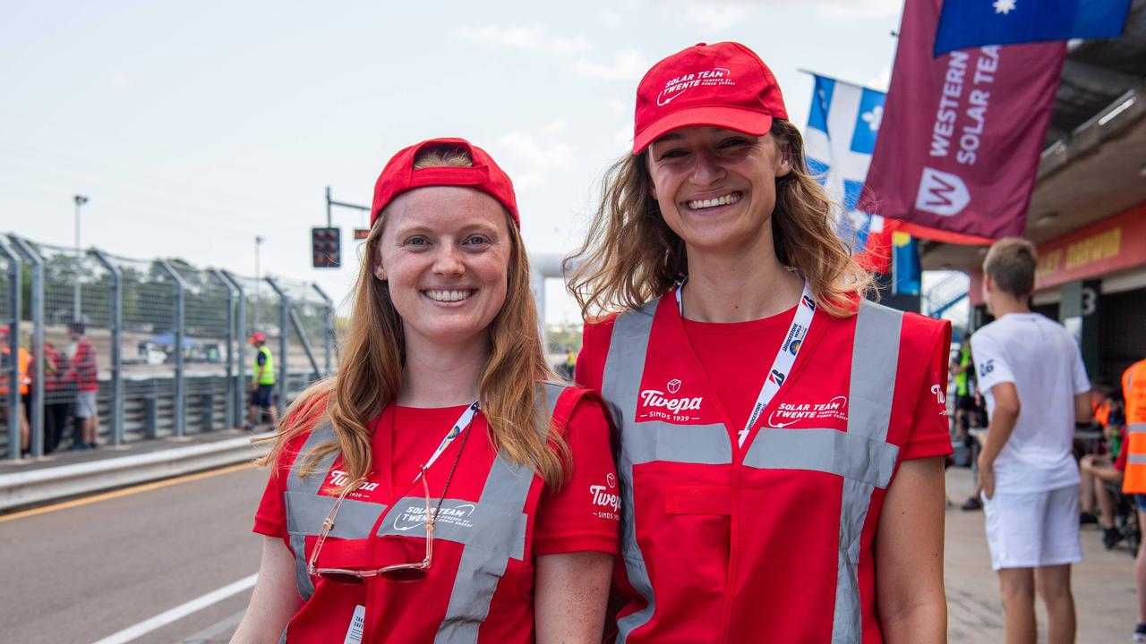 Annelies Dekker and Kirsten Bouwman from Solar Team Twente at the 2023 Bridgestone World Solar Challenge, Hidden Valley Raceway, Saturday, October 21, 2023. Picture: Pema Tamang Pakhrin.