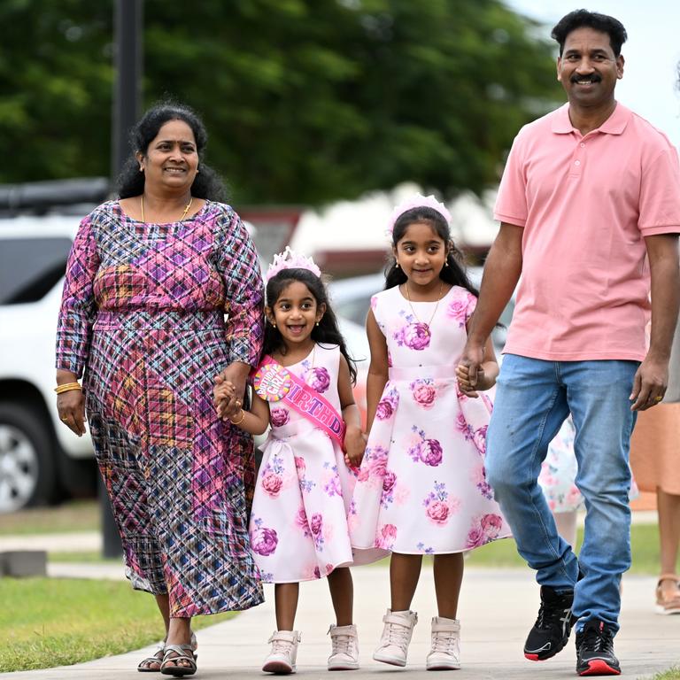 Priya, Tharnicaa, Kopika and Nades arrive at a birthday party being thrown by friends in Biloela after arriving back home in the central Queensland town. Picture: Getty Images