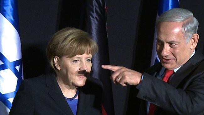 Awkward. German Chancellor Angela Merkel and Israeli Prime Minister Benjamin Netanyahu ge