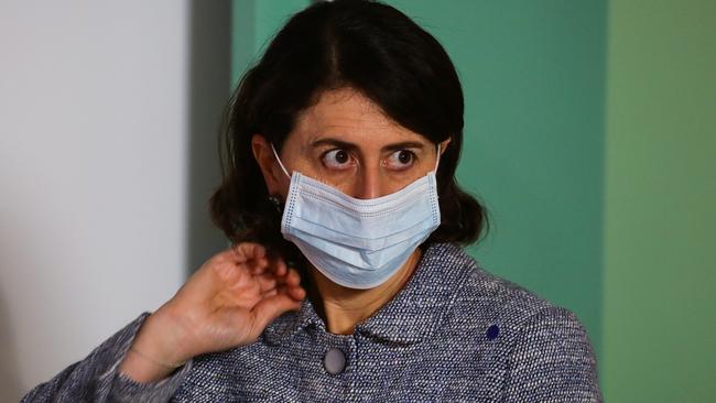 Premier Gladys Berejiklian announces the record tally of 825 new locally transmitted coronavirus cases and 3 deaths. Picture: NCA NewsWire/Gaye Gerard