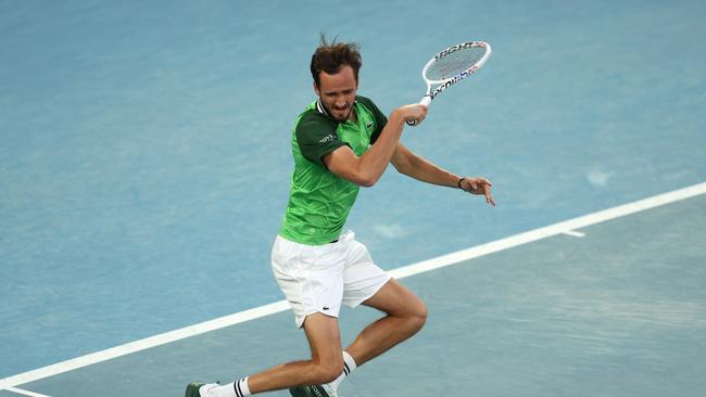 Daniil Medvedev has roared back into the semi final at Rod Laver Arena after being broken twice early in the first set. Picture: Julian Finney/Getty Images.